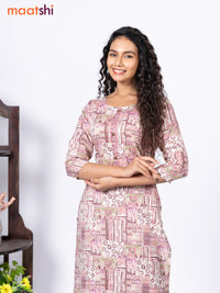 Rayon readymade kurti set off white and multi colour with allover prints & simple neck pattern and straight cut pant