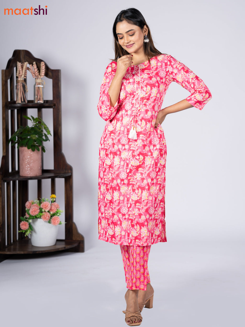 Cotton readymade kurti set pink and off white with allover floral prints & simple neck pattern and straight cut pant