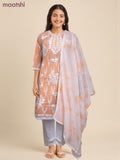 Cotton readymade salwar suit pale orange and off white with allover ikat weaves & embroidery work neck pattern and bottom & cotton dupatta