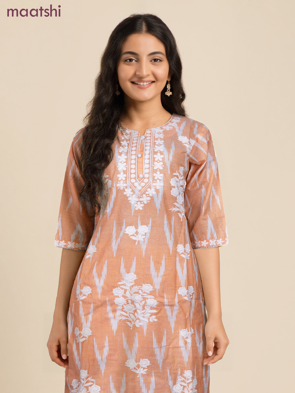 Cotton readymade salwar suit pale orange and off white with allover ikat weaves & embroidery work neck pattern and bottom & cotton dupatta