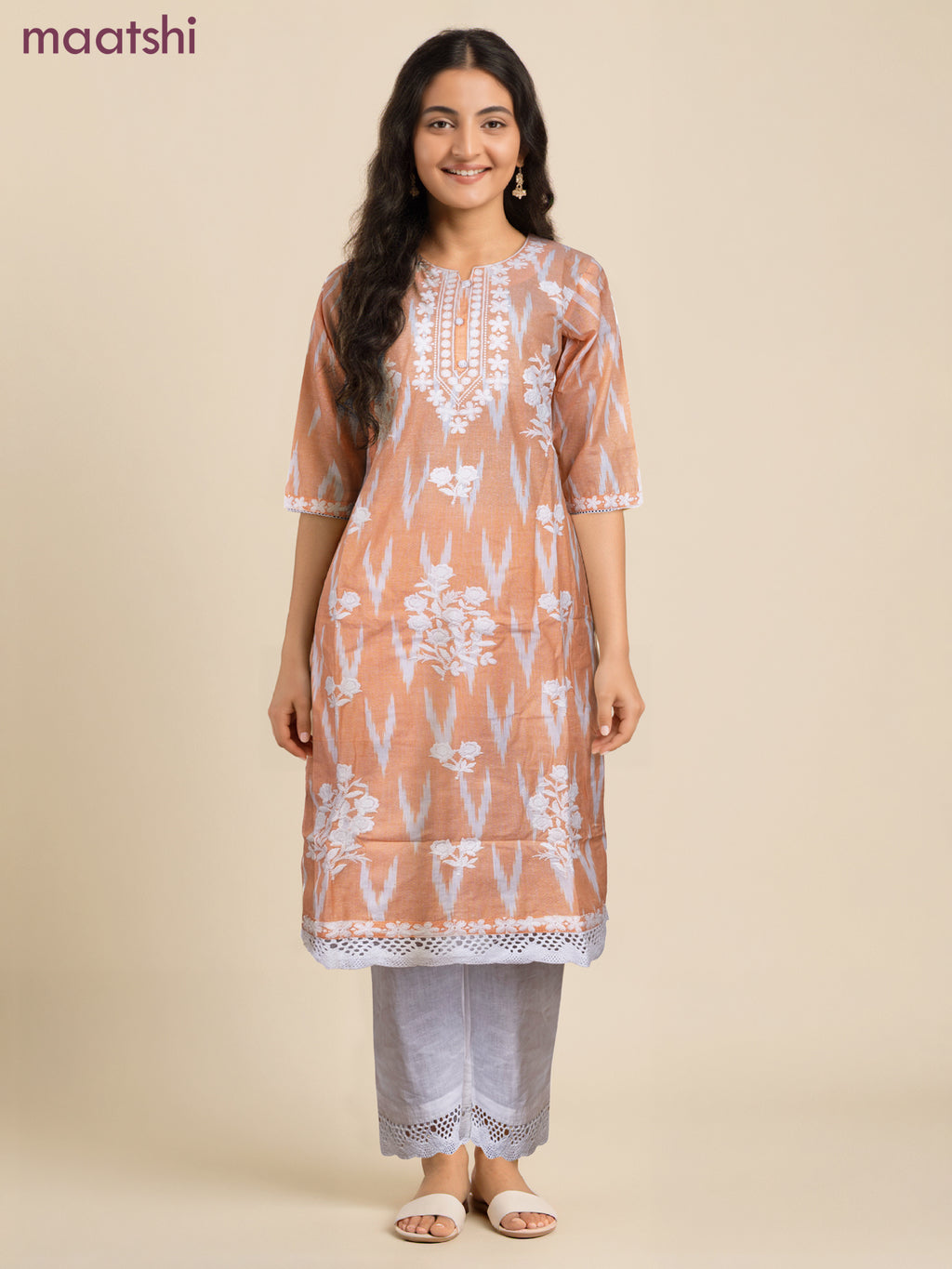 Cotton readymade salwar suit pale orange and off white with allover ikat weaves & embroidery work neck pattern and bottom & cotton dupatta