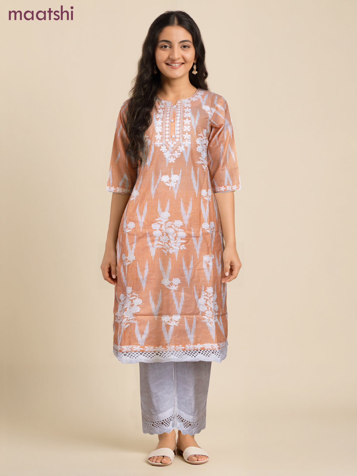 Cotton readymade salwar suit pale orange and off white with allover ikat weaves & embroidery work neck pattern and bottom & cotton dupatta