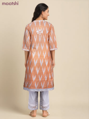 Cotton readymade salwar suit pale orange and off white with allover ikat weaves & embroidery work neck pattern and bottom & cotton dupatta