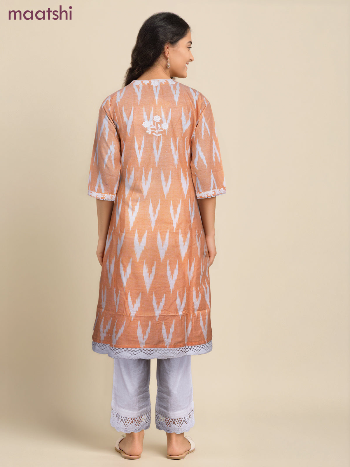 Cotton readymade salwar suit pale orange and off white with allover ikat weaves & embroidery work neck pattern and bottom & cotton dupatta