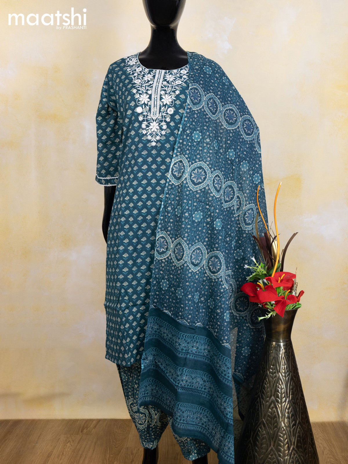 Cotton readymade salwar suit peacock green with allover butta prints & embroidery sequin work neck pattern and bottom & cotton dupatta