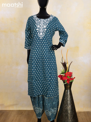 Cotton readymade salwar suit peacock green with allover butta prints & embroidery sequin work neck pattern and bottom & cotton dupatta