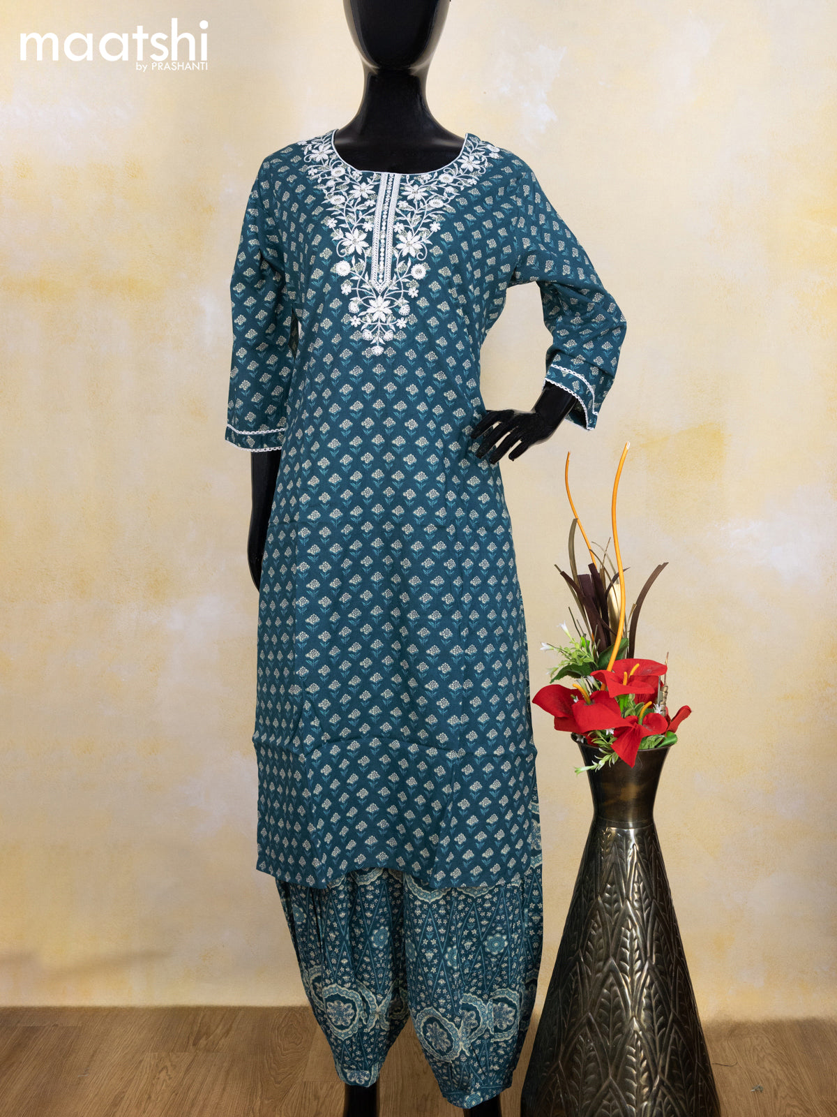 Cotton readymade salwar suit peacock green with allover butta prints & embroidery sequin work neck pattern and bottom & cotton dupatta