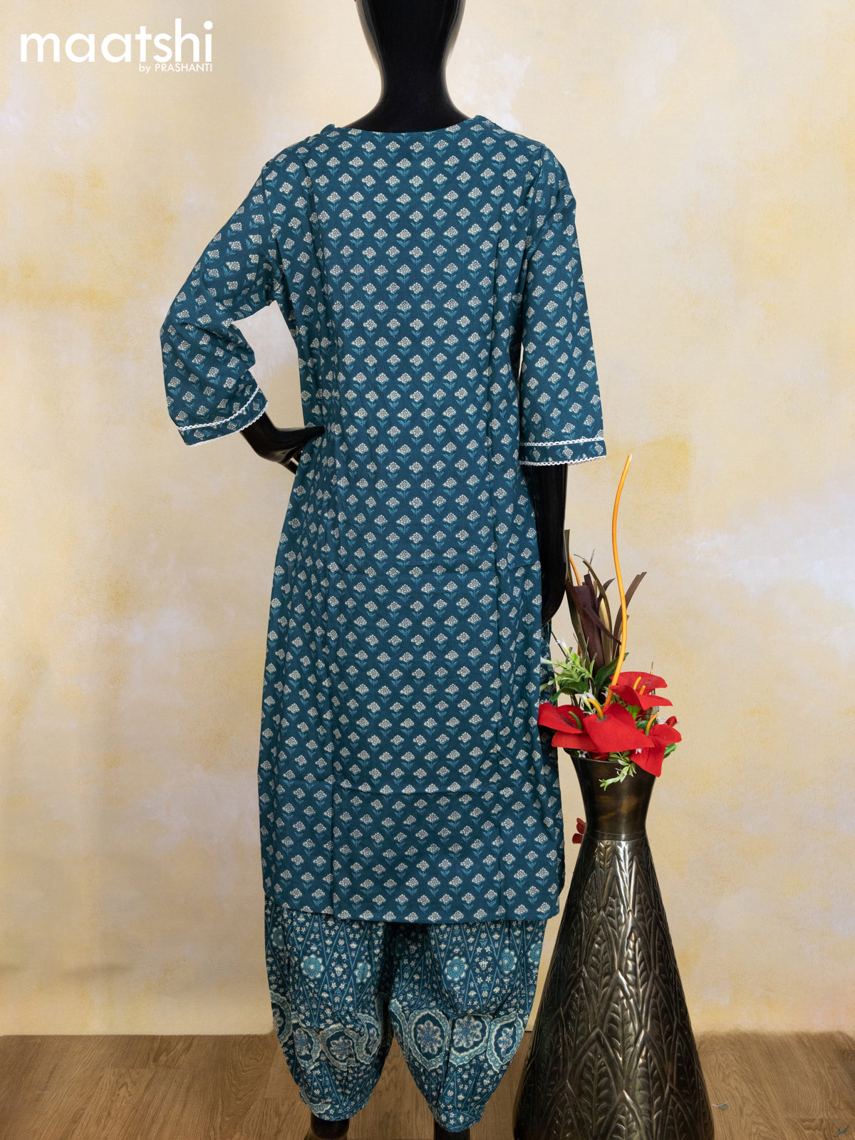 Cotton readymade salwar suit peacock green with allover butta prints & embroidery sequin work neck pattern and bottom & cotton dupatta