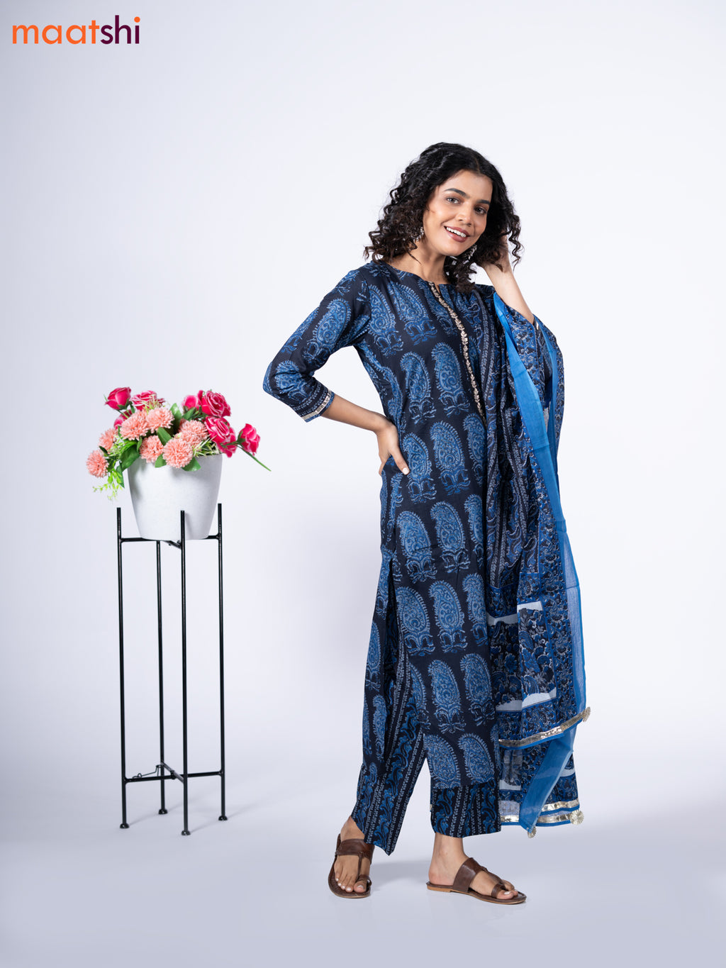 Cotton readymade salwar suit black and blue with allover paisley butta prints & embroidery work neck pattern and bottom & cotton dupatta