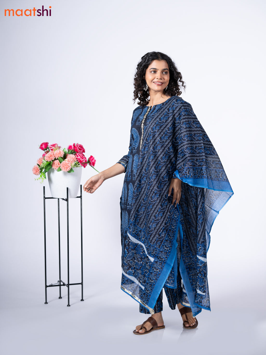 Cotton readymade salwar suit black and blue with allover paisley butta prints & embroidery work neck pattern and bottom & cotton dupatta