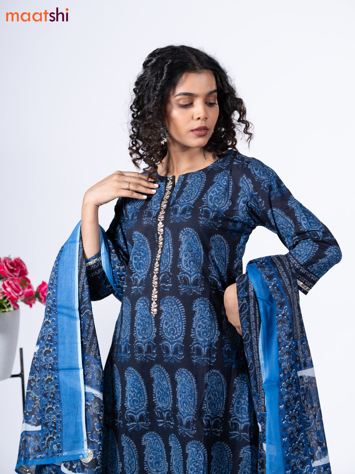 Cotton readymade salwar suit black and blue with allover paisley butta prints & embroidery work neck pattern and bottom & cotton dupatta