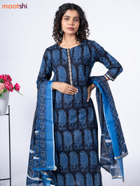 Cotton readymade salwar suit black and blue with allover paisley butta prints & embroidery work neck pattern and bottom & cotton dupatta