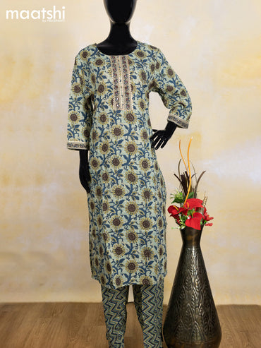 Cotton readymade salwar suit pastel green shade and peacock blue with allover floral prints & gota patti lace wok neck pattern and bottom & cotton dupatta