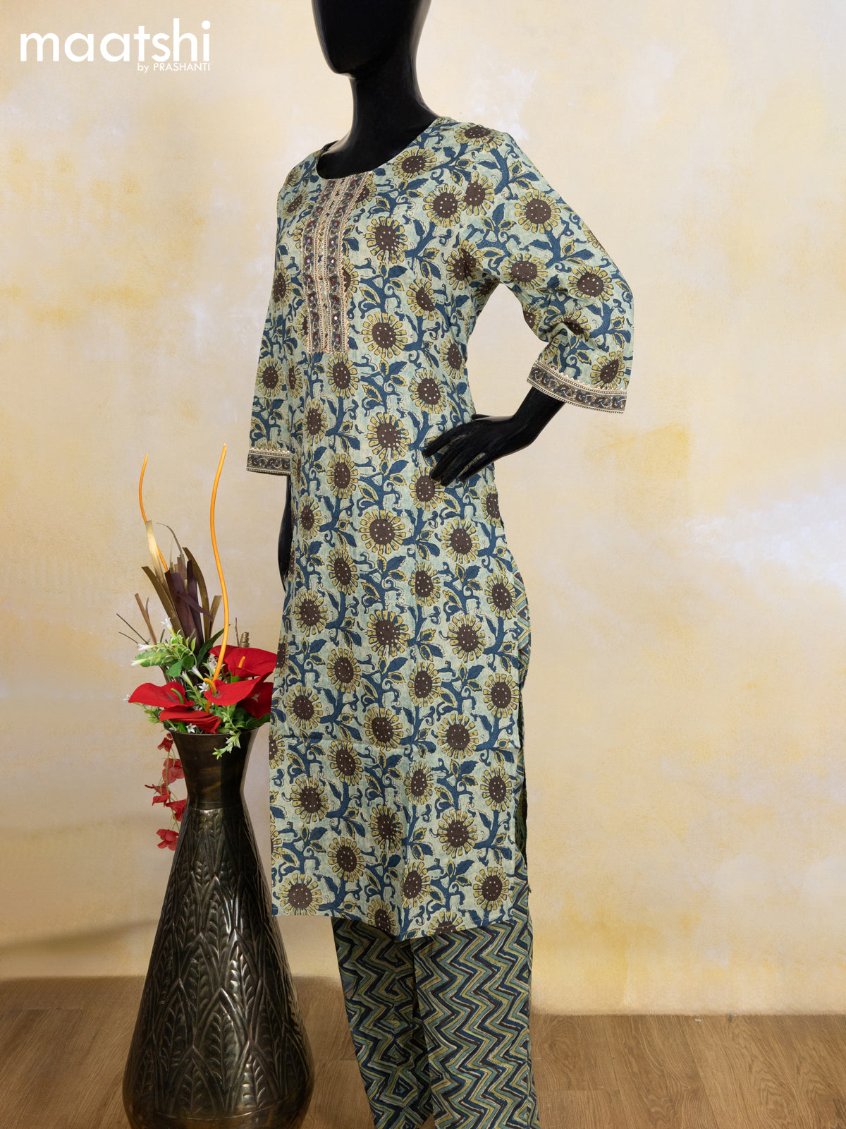 Cotton readymade salwar suit pastel green shade and peacock blue with allover floral prints & gota patti lace wok neck pattern and bottom & cotton dupatta