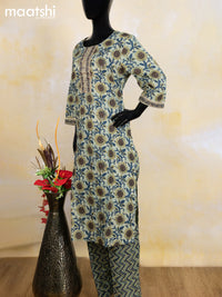 Cotton readymade salwar suit pastel green shade and peacock blue with allover floral prints & gota patti lace wok neck pattern and bottom & cotton dupatta