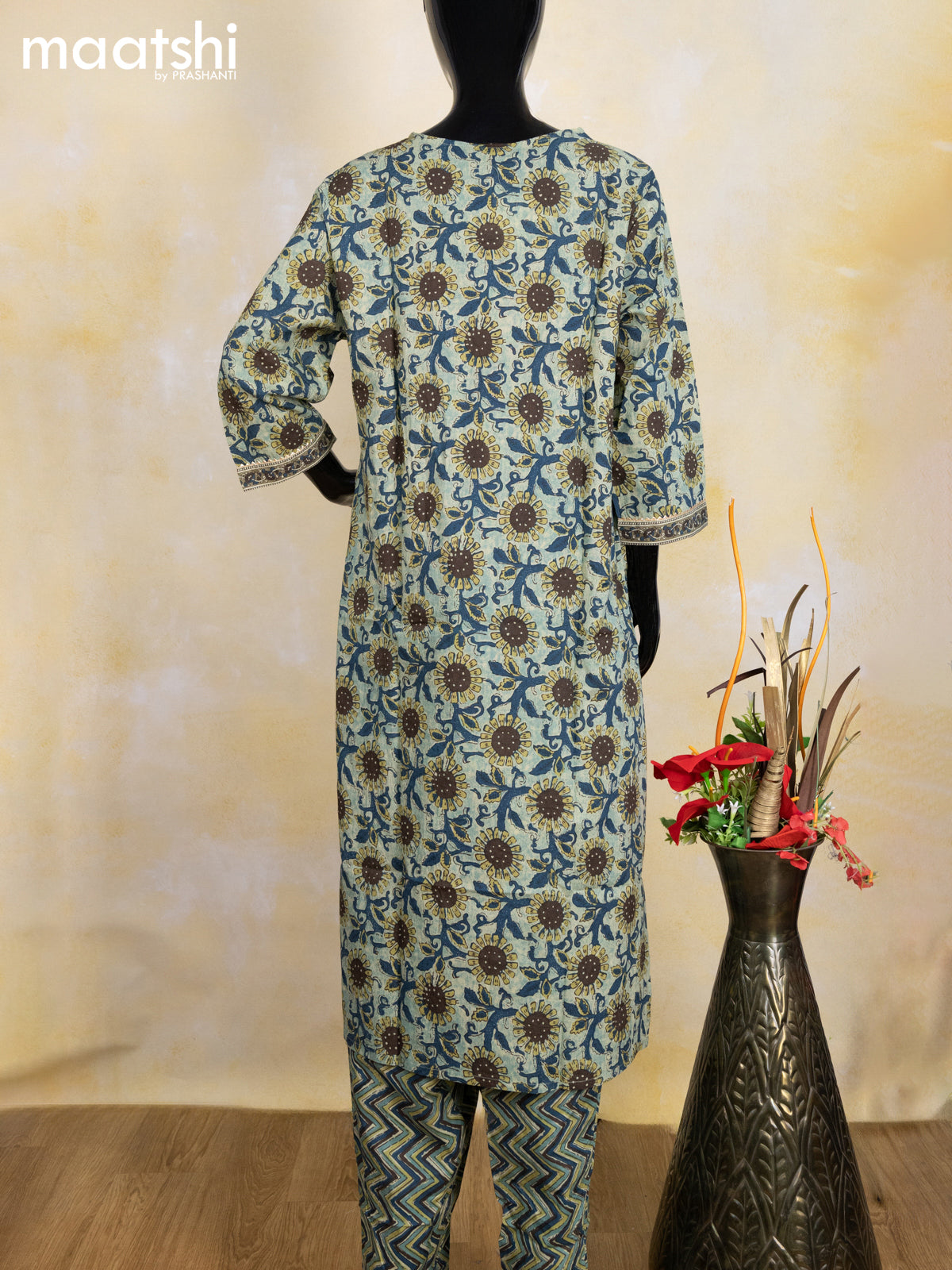 Cotton readymade salwar suit pastel green shade and peacock blue with allover floral prints & gota patti lace wok neck pattern and bottom & cotton dupatta