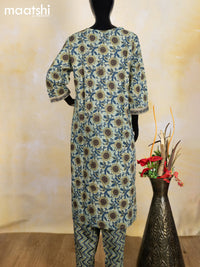 Cotton readymade salwar suit pastel green shade and peacock blue with allover floral prints & gota patti lace wok neck pattern and bottom & cotton dupatta