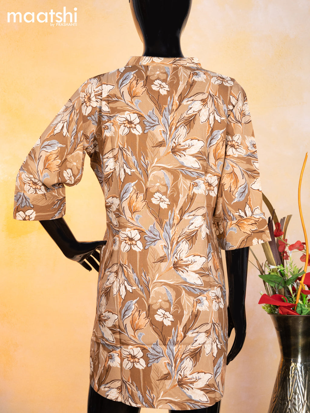 Cotton readymade short kurti brown with allover floral prints & simple neck pattern without pant