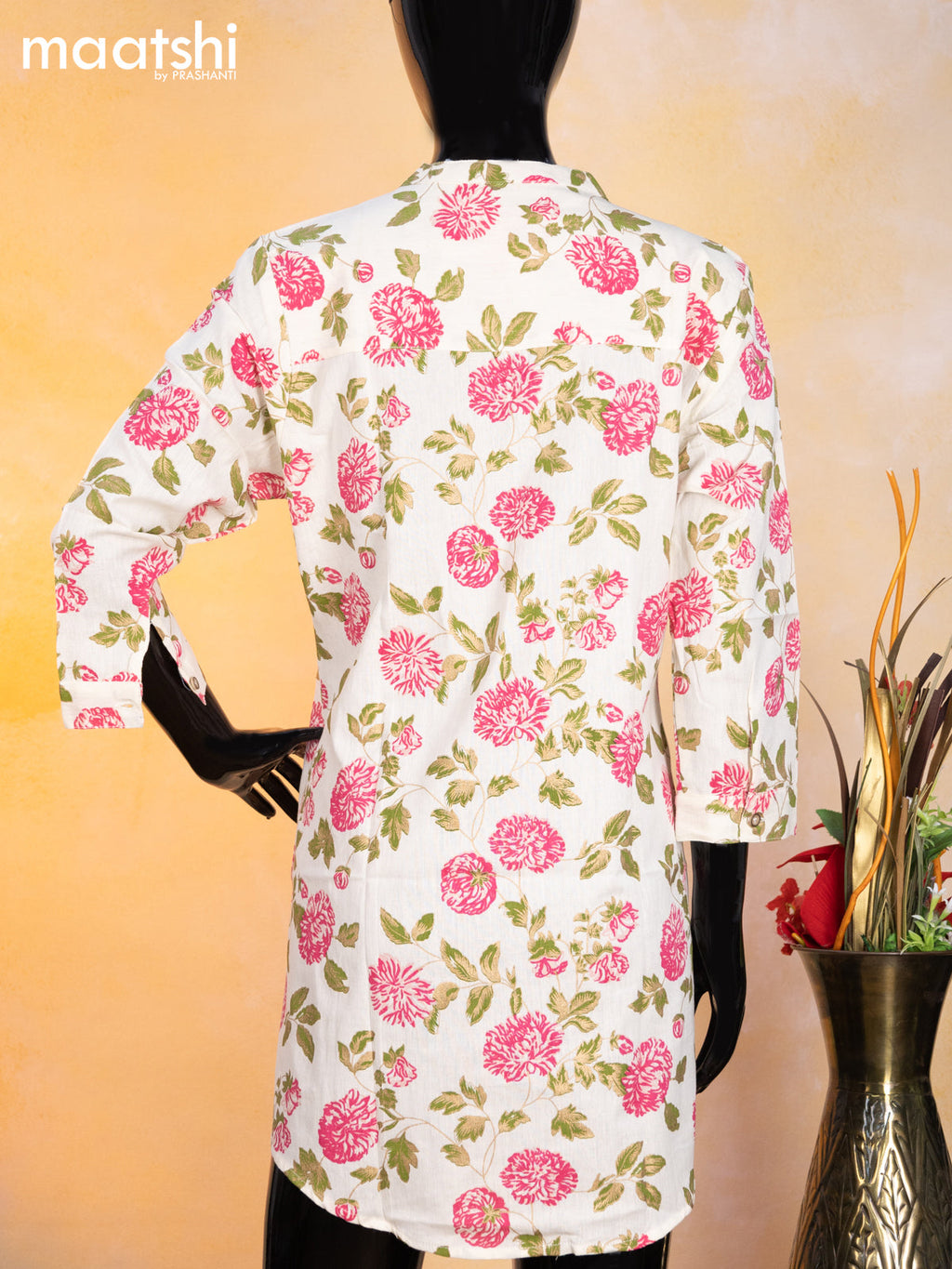 Cotton readymade short kurti cream and pink green with allover floral prints & simple neck pattern without pant