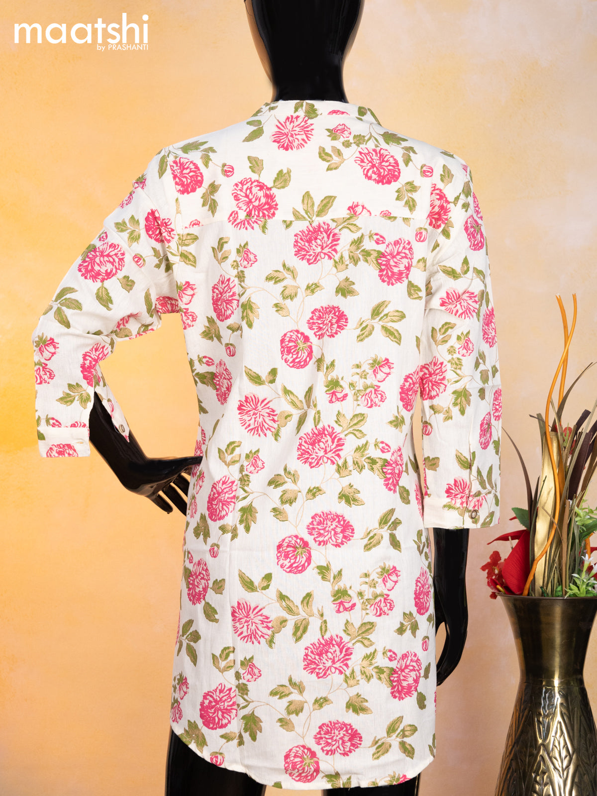 Cotton readymade short kurti cream and pink green with allover floral prints & simple neck pattern without pant