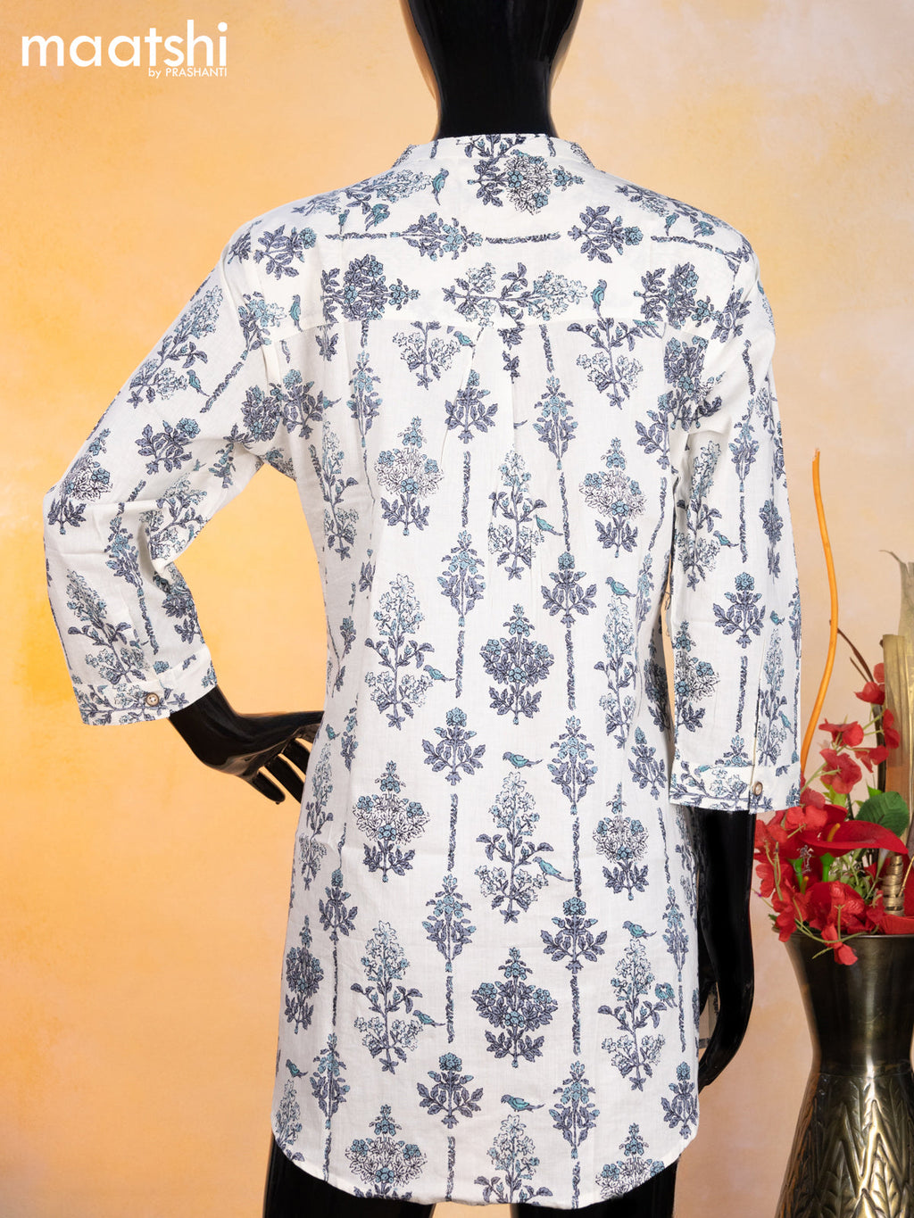 Cotton readymade short kurti cream and grey with allover butta prints & simple neck pattern without pant