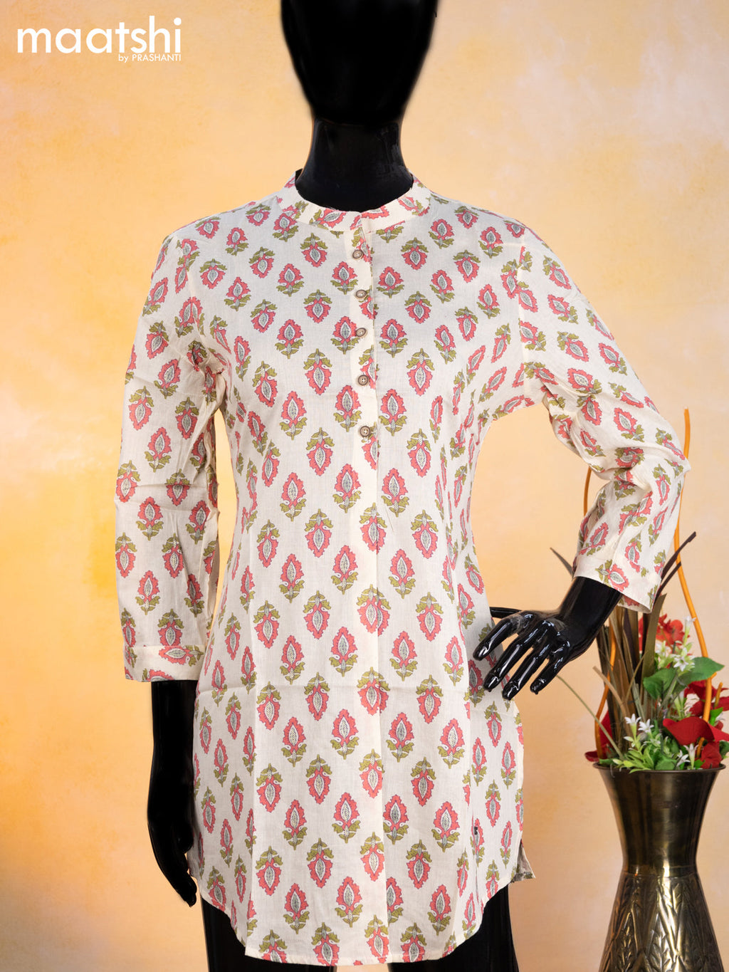 Cotton readymade short kurti cream and pink green with allover butta prints & simple neck pattern without pant