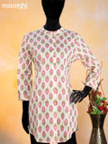 Cotton readymade short kurti cream and pink green with allover butta prints & simple neck pattern without pant