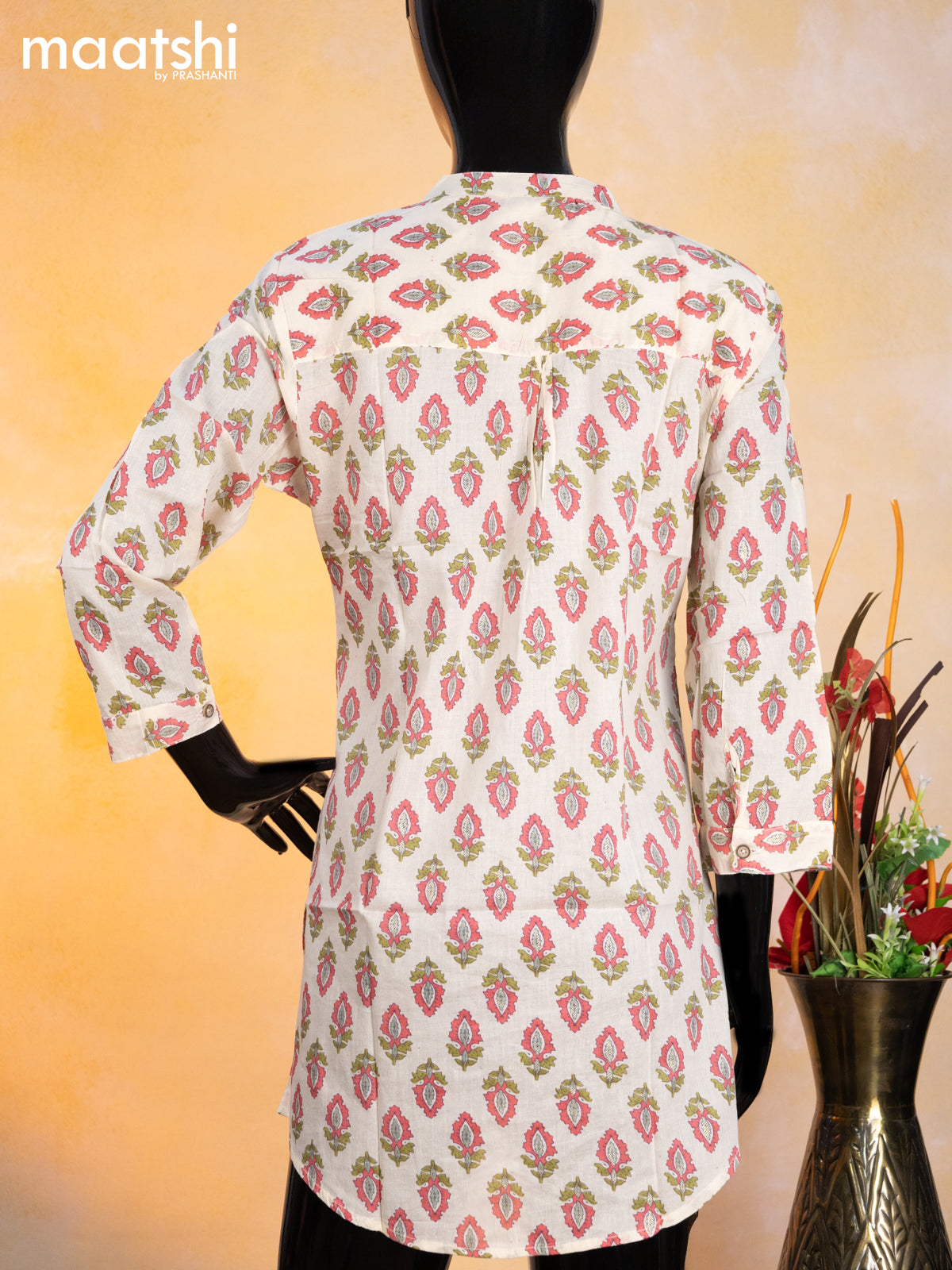 Cotton readymade short kurti cream and pink green with allover butta prints & simple neck pattern without pant