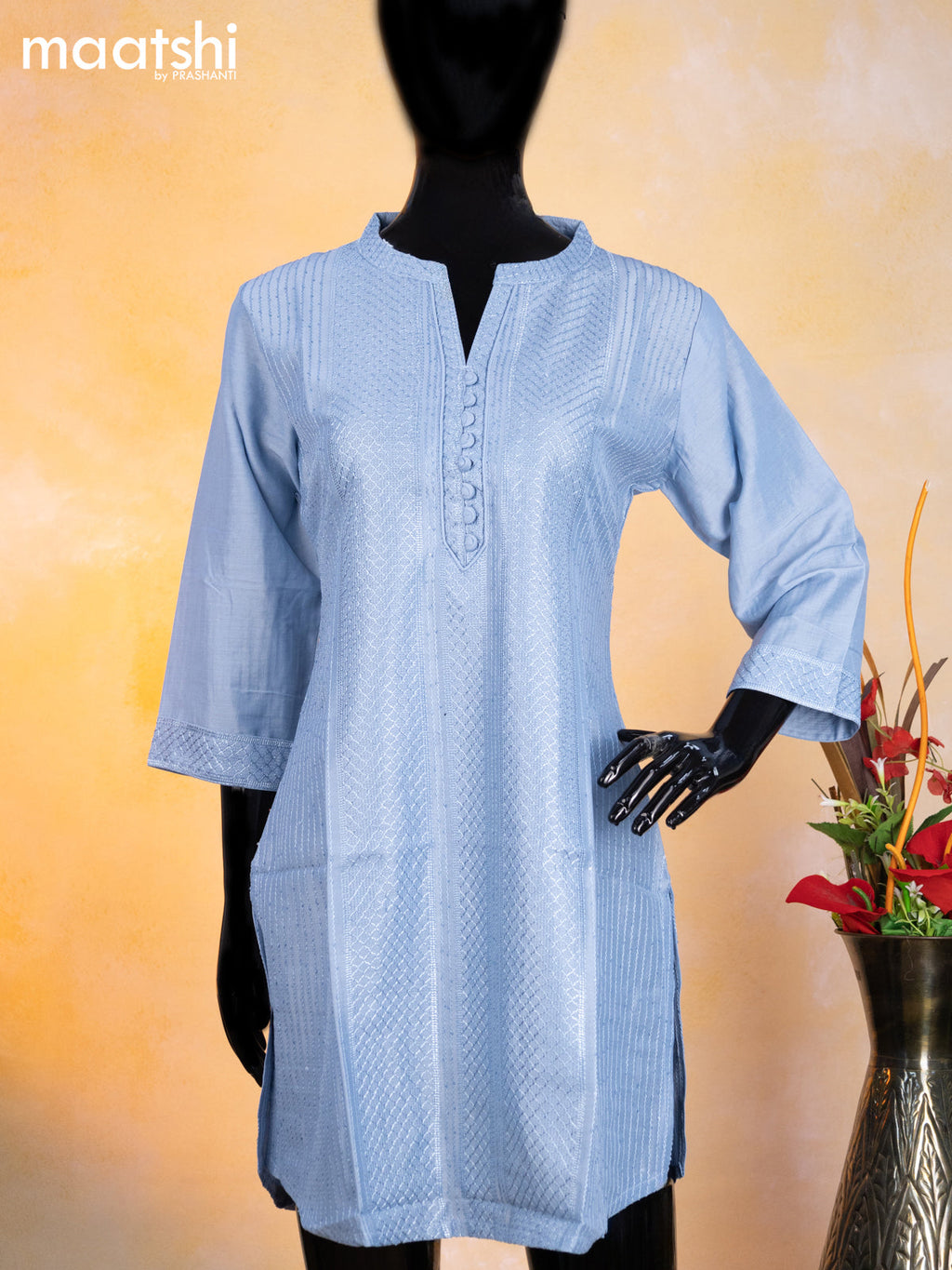 Rayon readymade short kurti pastel blue with allover embroidery work & simple neck pattern without pant