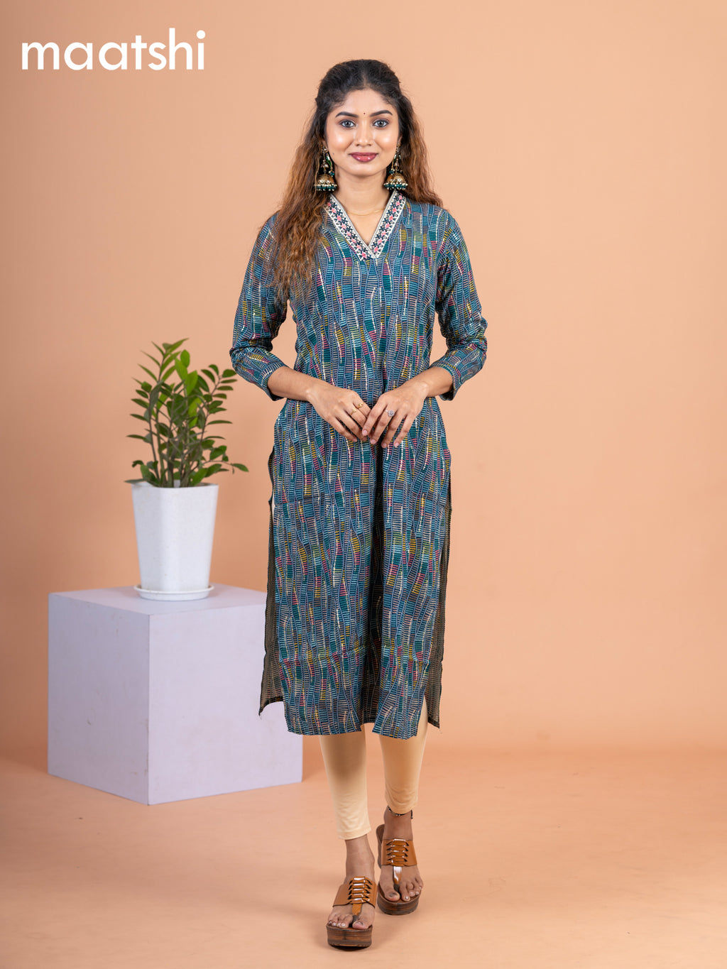 Cotton readymade kurti green shade and multi colour with allover prints & embroidery mirror work neck v pattern without pant