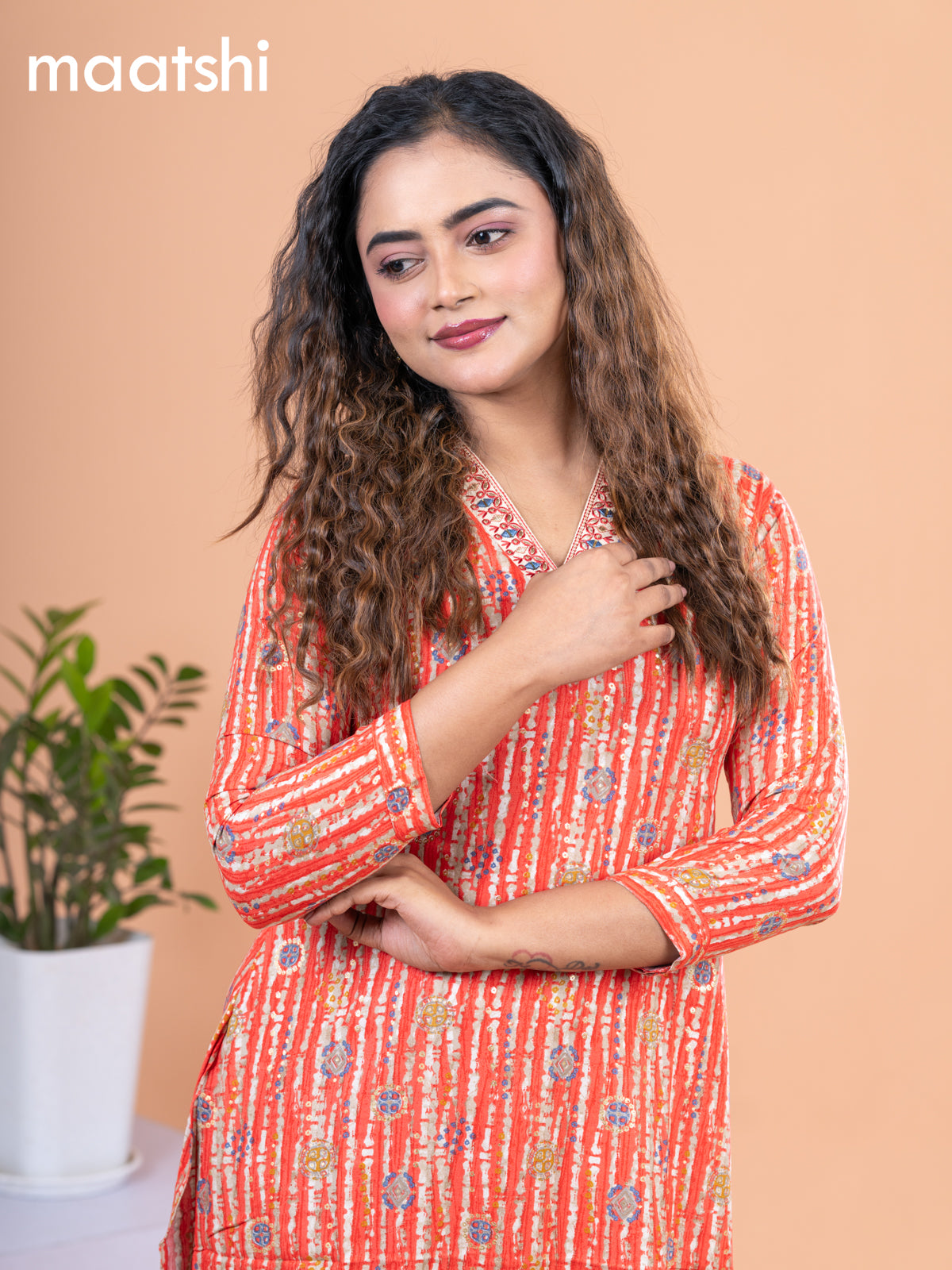 Cotton readymade kurti orange and beige with allover prints & embroidery mirror work neck v pattern without pant