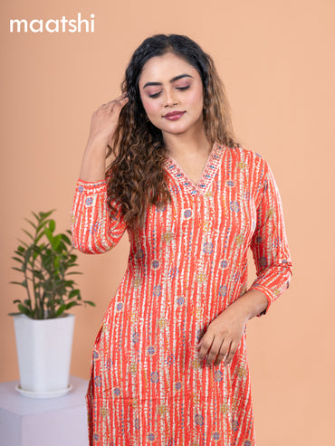 Cotton readymade kurti orange and beige with allover prints & embroidery mirror work neck v pattern without pant