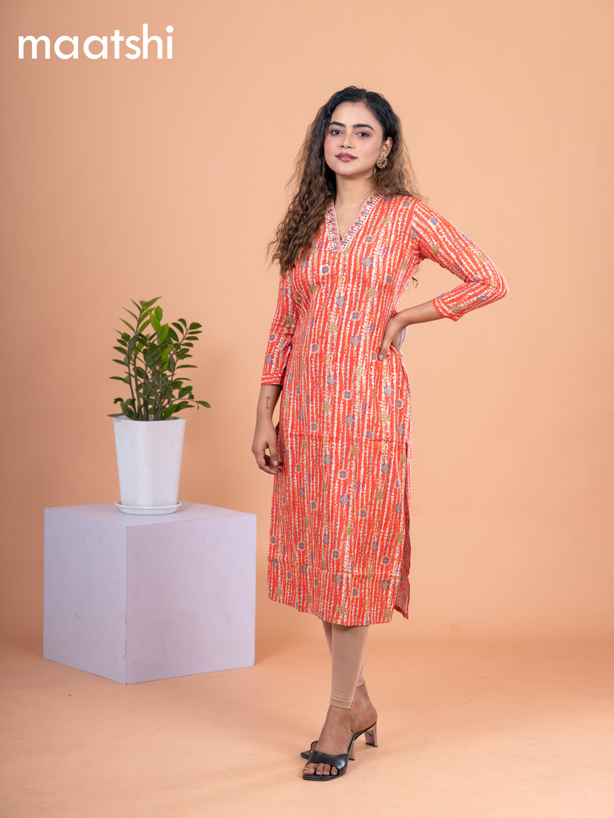 Cotton readymade kurti orange and beige with allover prints & embroidery mirror work neck v pattern without pant
