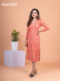 Cotton readymade kurti orange and beige with allover prints & embroidery mirror work neck v pattern without pant