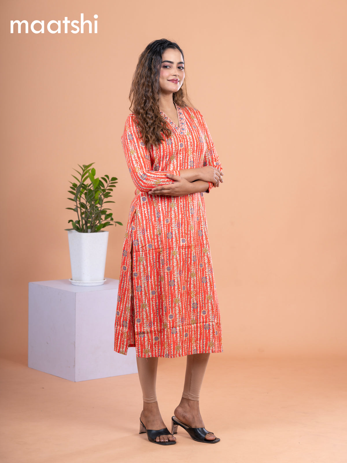 Cotton readymade kurti orange and beige with allover prints & embroidery mirror work neck v pattern without pant