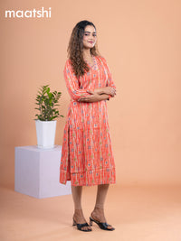 Cotton readymade kurti orange and beige with allover prints & embroidery mirror work neck v pattern without pant
