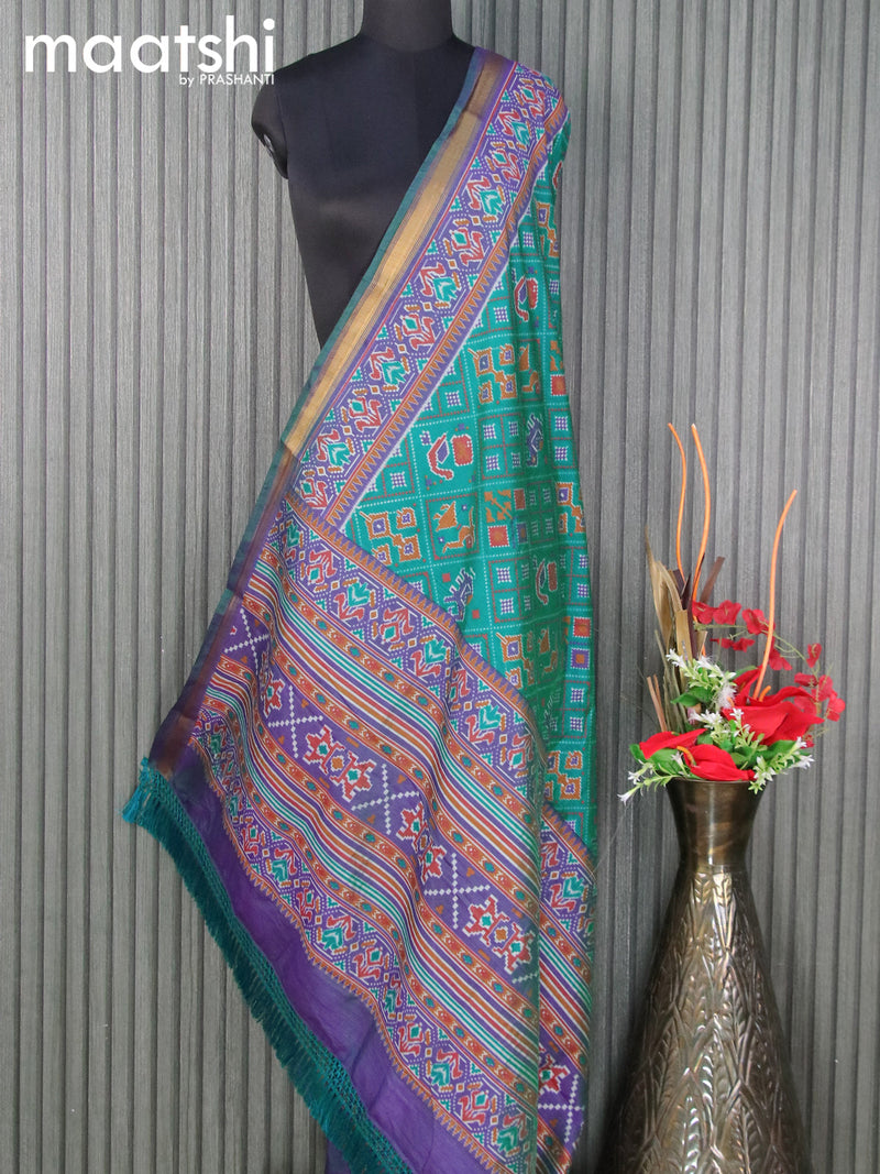 Semi tussar dupatta green and blue with allover ikat prints and zari woven border