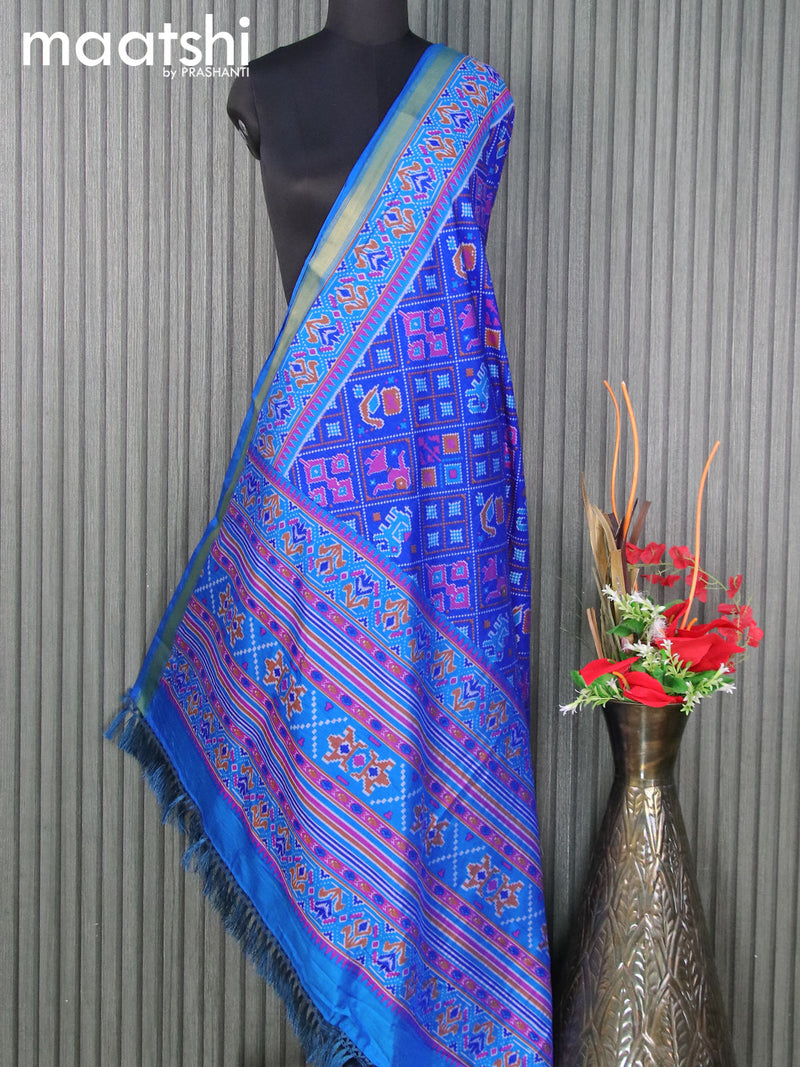Semi tussar dupatta blue and cs blue with allover ikat prints and zari woven border