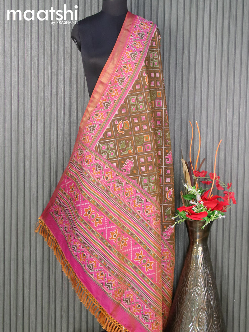 Semi tussar dupatta sap green and pink with allover ikat prints and zari woven border