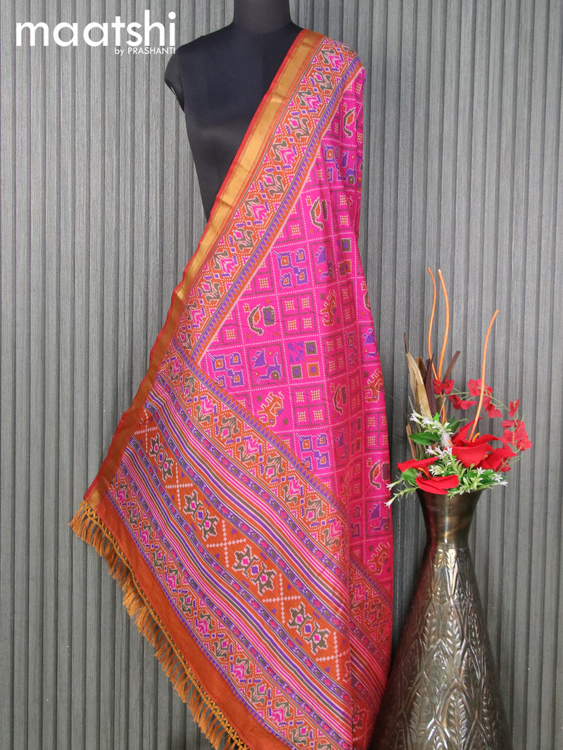 Semi tussar dupatta pink and dark mustard with allover ikat prints and zari woven border
