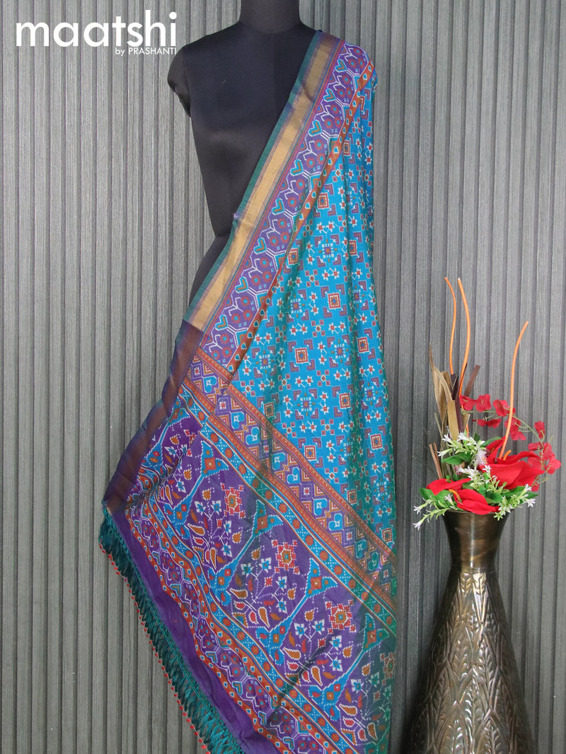 Semi tussar dupatta teal blue and blue with allover ikat prints and zari woven border