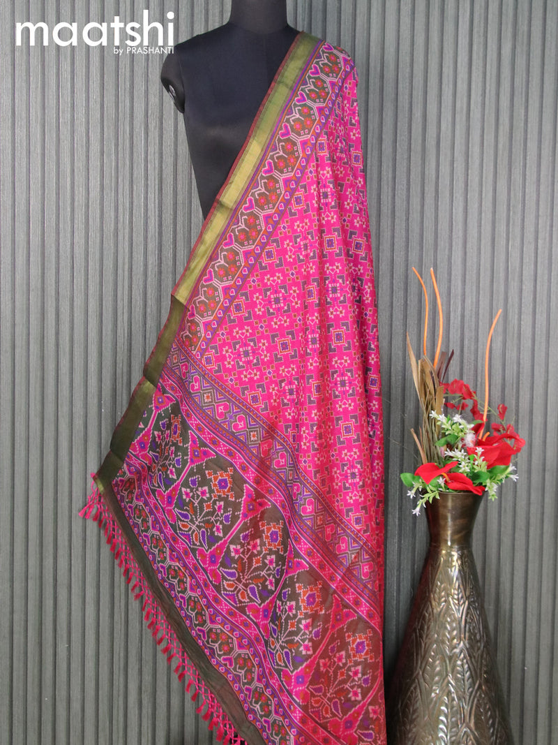 Semi tussar dupatta pink and dual shade of maroon with allover ikat prints and zari woven border