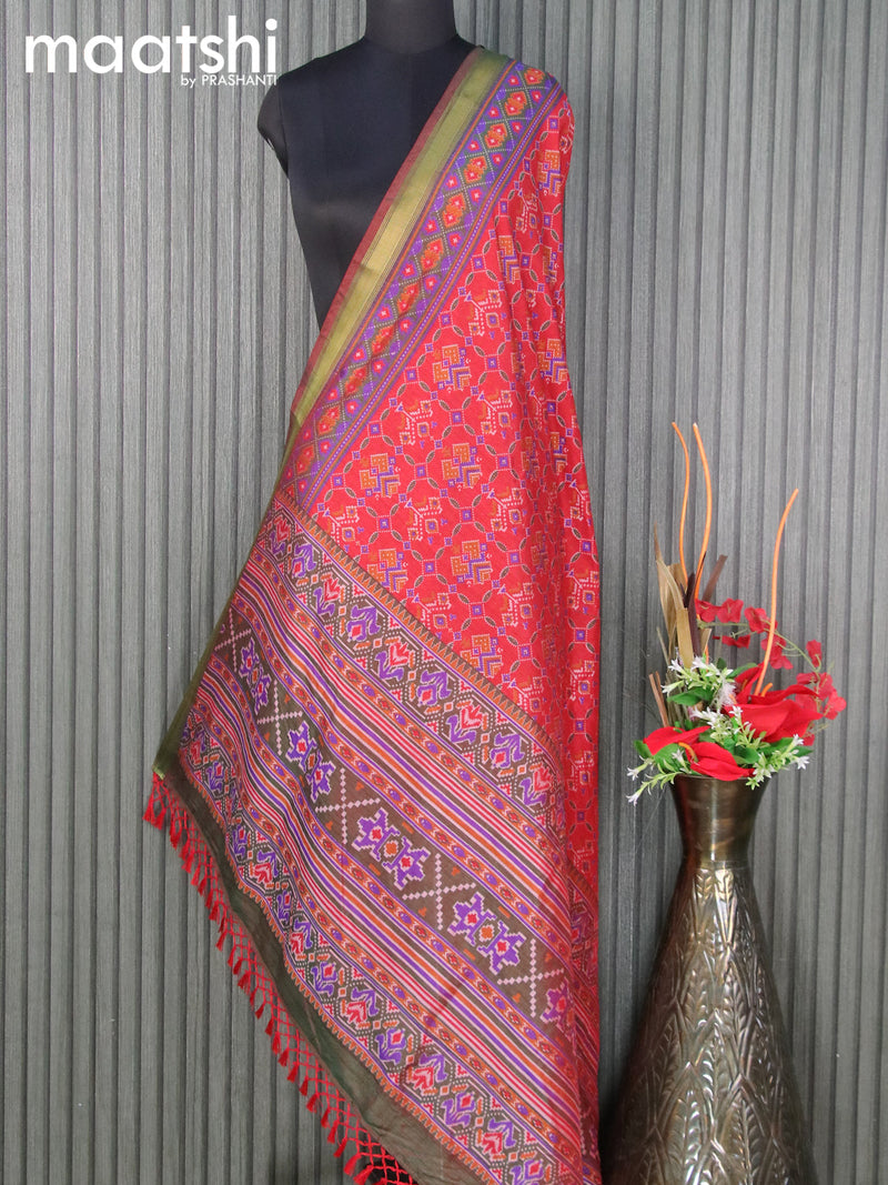 Semi tussar dupatta red and deep violet with allover ikat prints and zari woven border