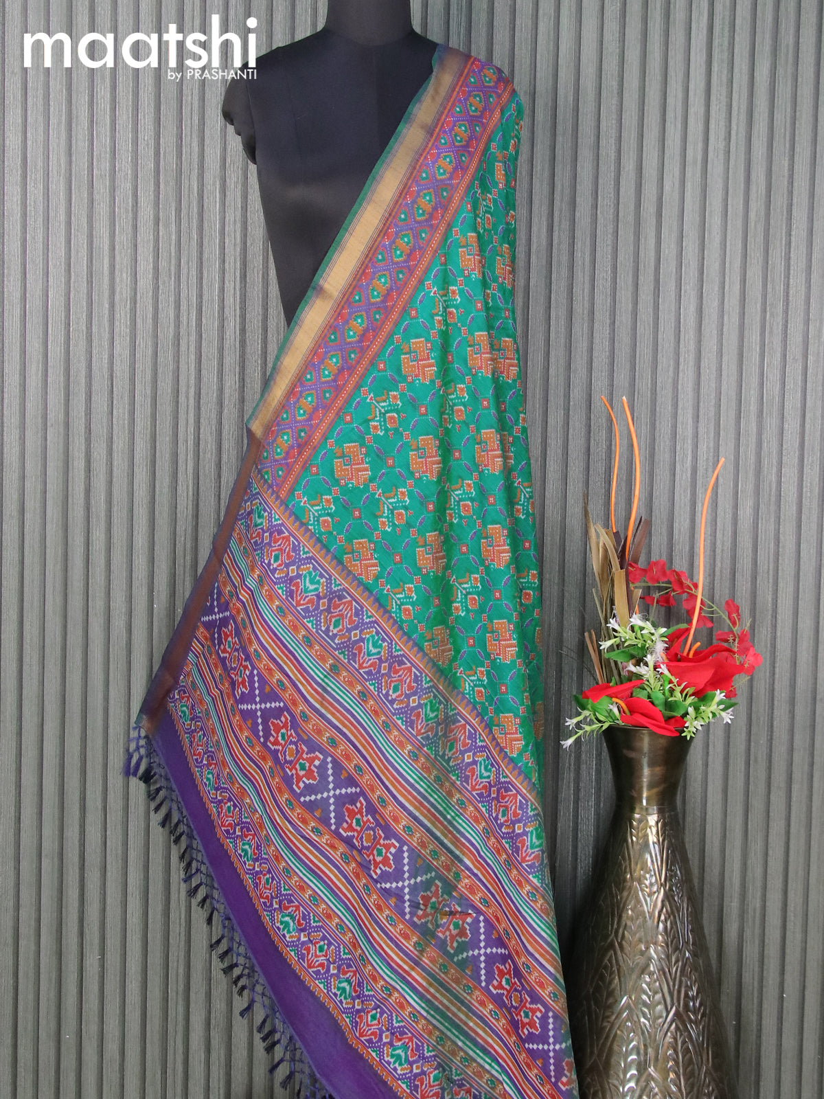 Semi tussar dupatta green and dual shade of blue with allover ikat prints and zari woven border