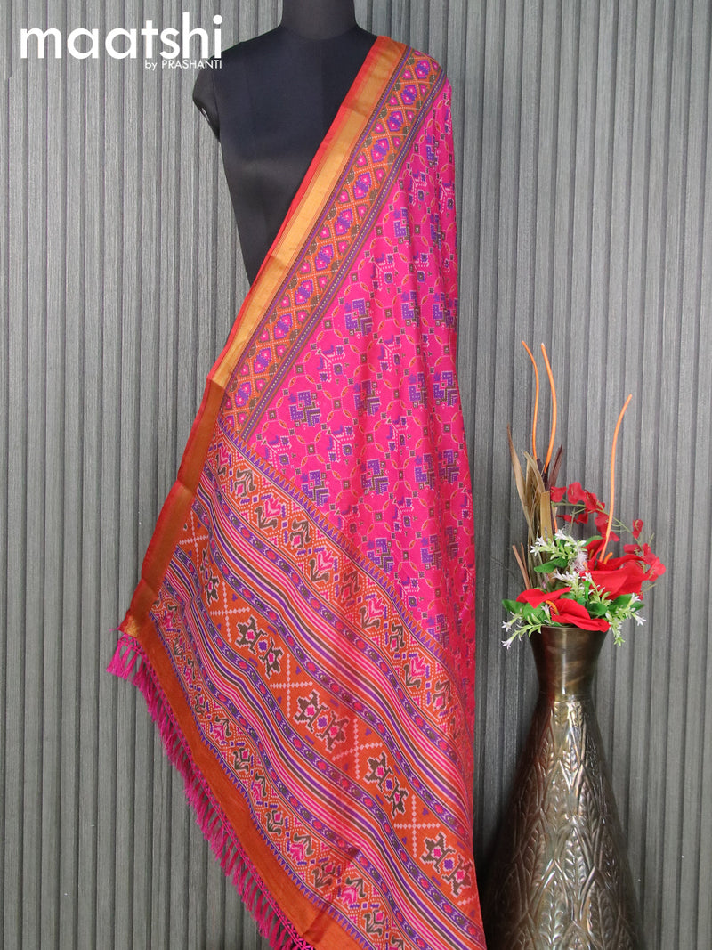 Semi tussar dupatta pink and rust shade with allover ikat prints and zari woven border