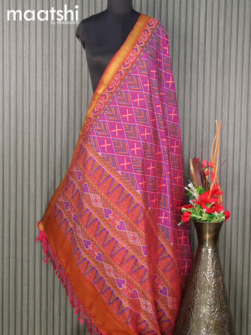 Semi tussar dupatta magenta pink blue and rust shade with allover ikat prints and zari woven border