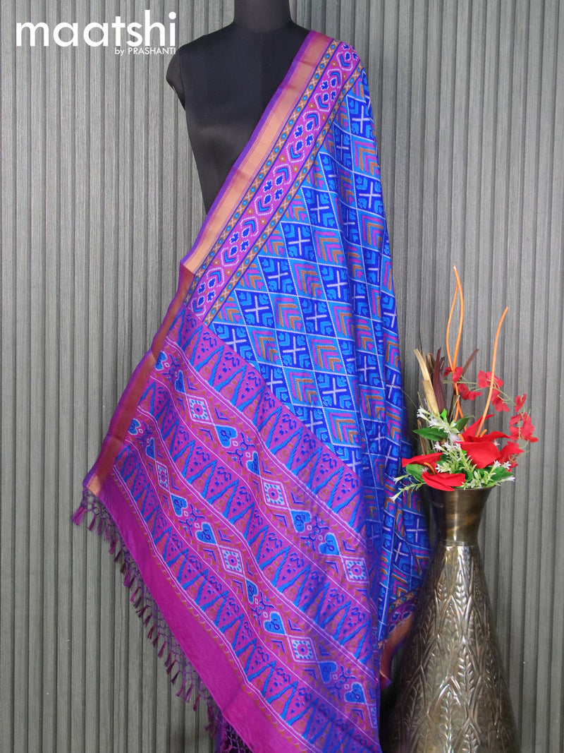 Semi tussar dupatta cs blue and purple with allover ikat prints and zari woven border