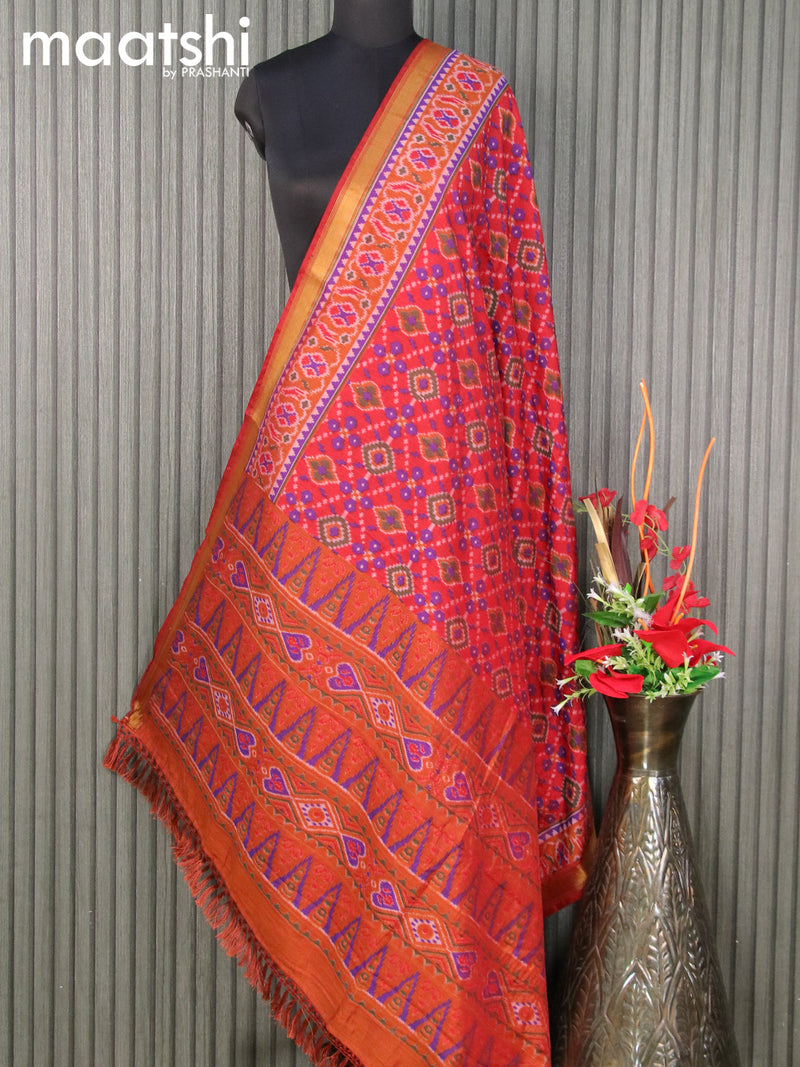 Semi tussar dupatta red and rust shade with allover ikat prints and zari woven border