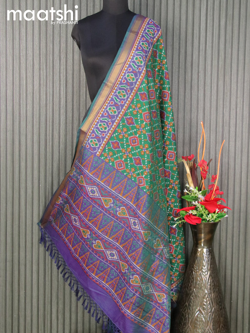 Semi tussar dupatta green and dual shade of blue with allover ikat prints and zari woven border