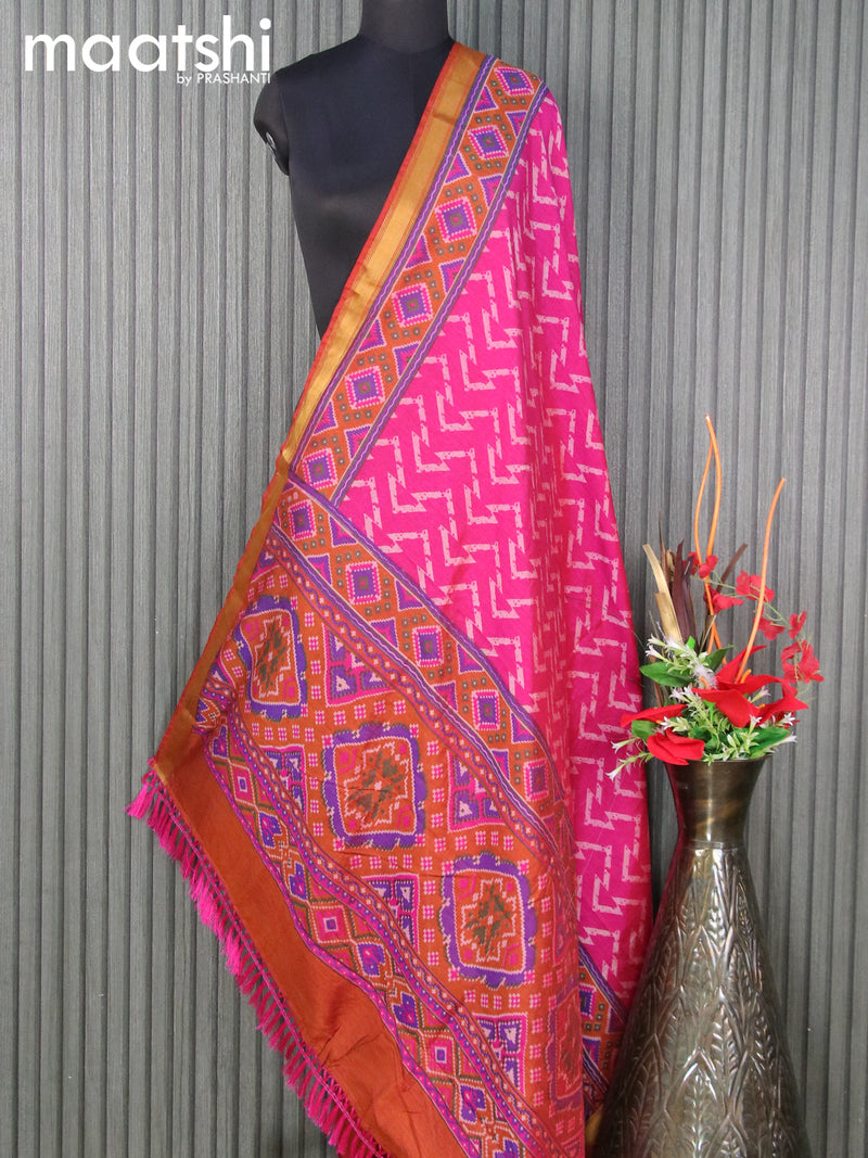 Semi tussar dupatta pink and dark mustard with allover geometric prints and zari woven border